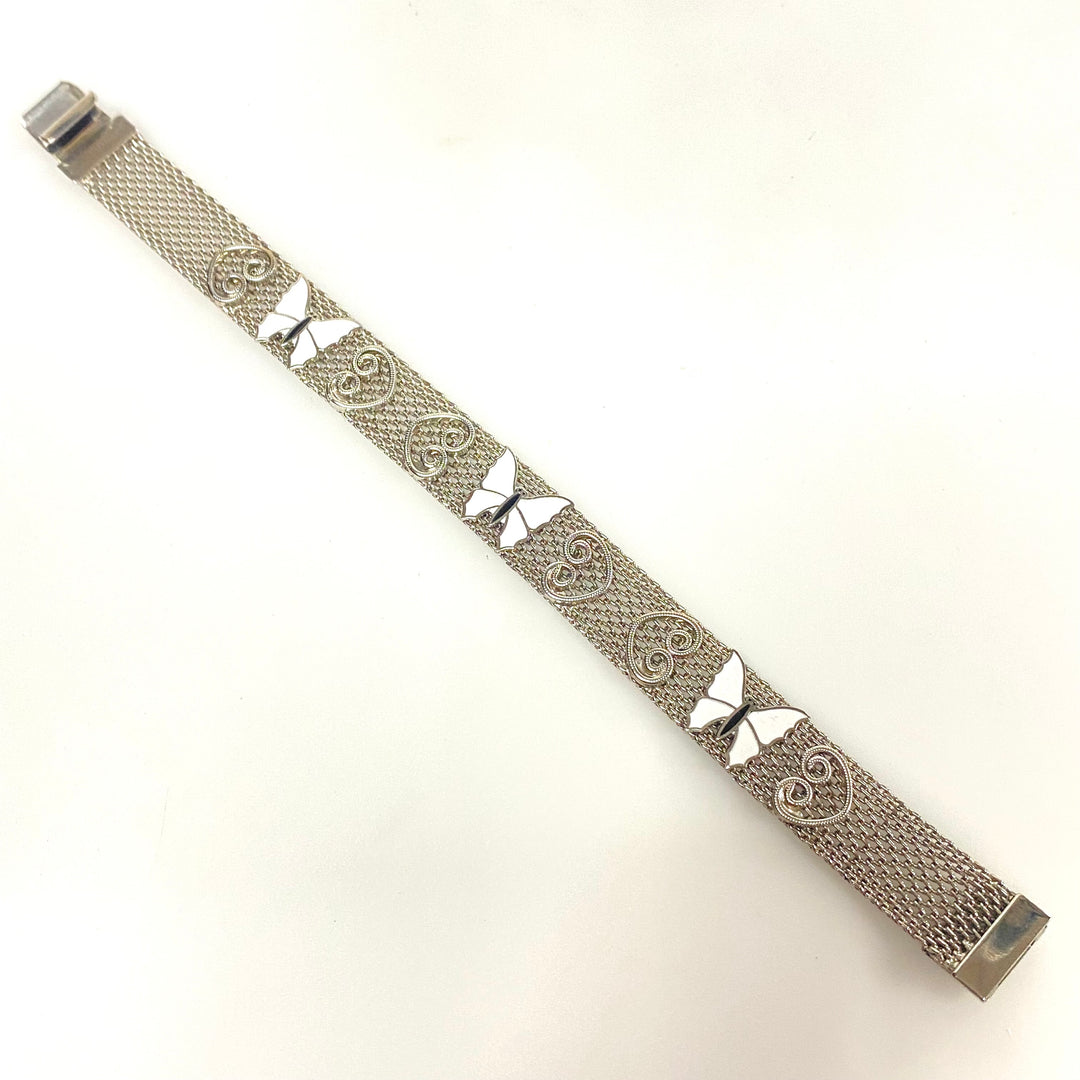 v966 Vintage Paradise Silver Tone Mesh Bracelet Heart White Enamel Butterfly 7"