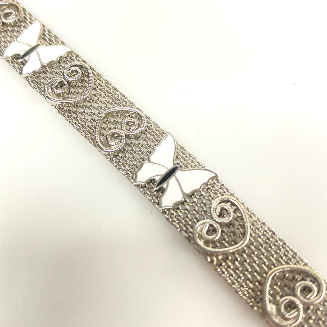 v966 Vintage Paradise Silver Tone Mesh Bracelet Heart White Enamel Butterfly 7"