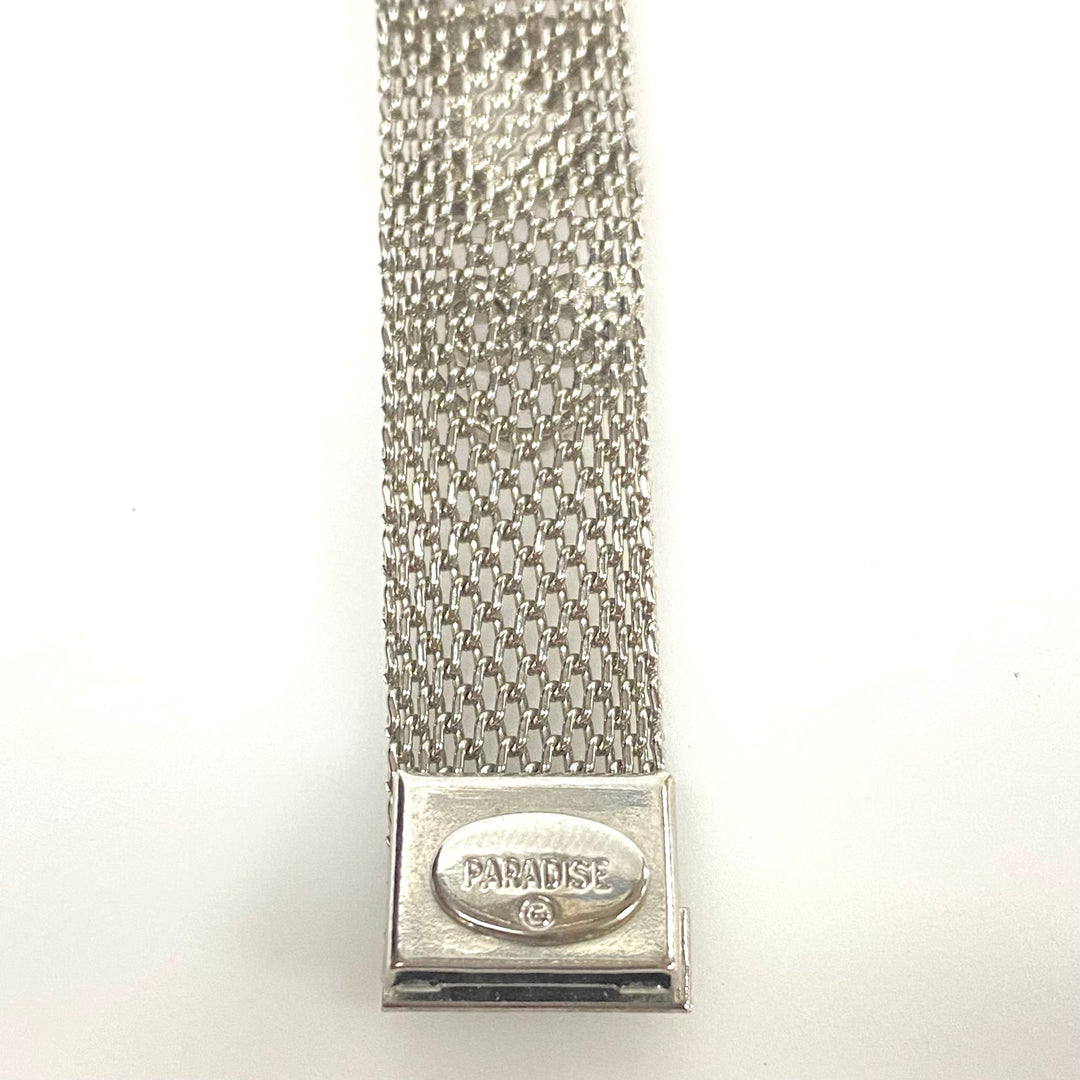 v966 Vintage Paradise Silver Tone Mesh Bracelet Heart White Enamel Butterfly 7"