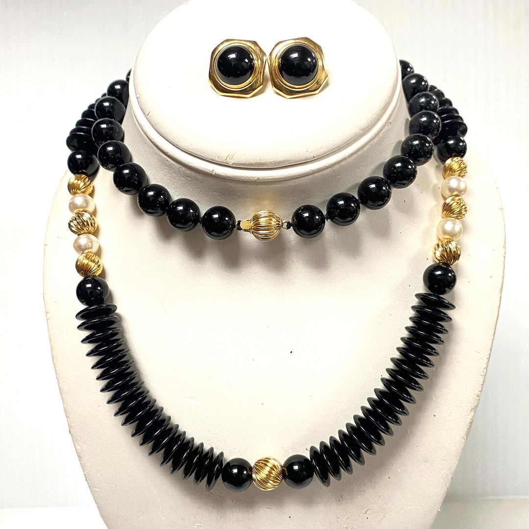 v968 Vintage Collection of Black Onyx and 14k Gold Beaded Necklace and Earrings