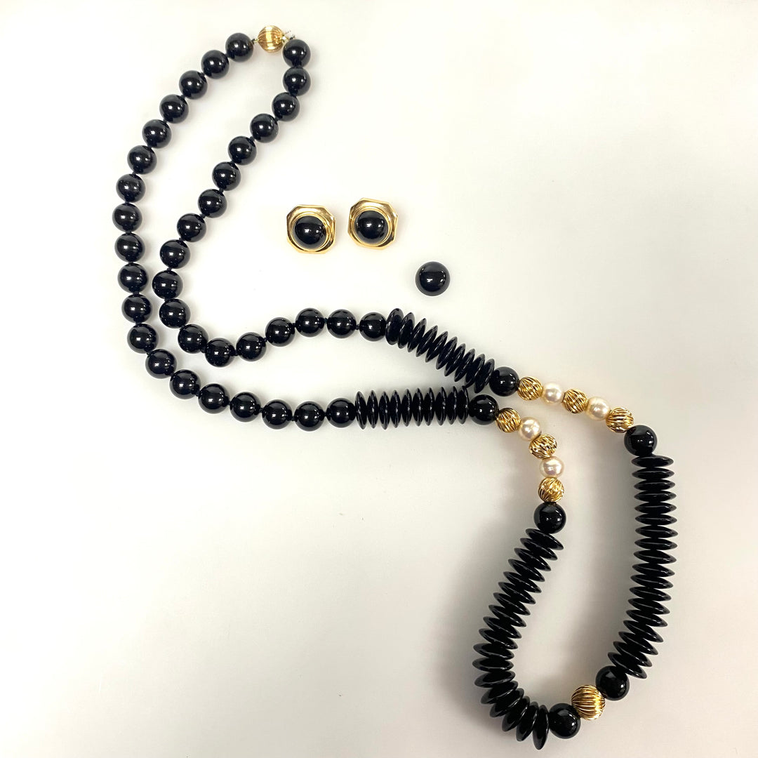 v968 Vintage Collection of Black Onyx and 14k Gold Beaded Necklace and Earrings