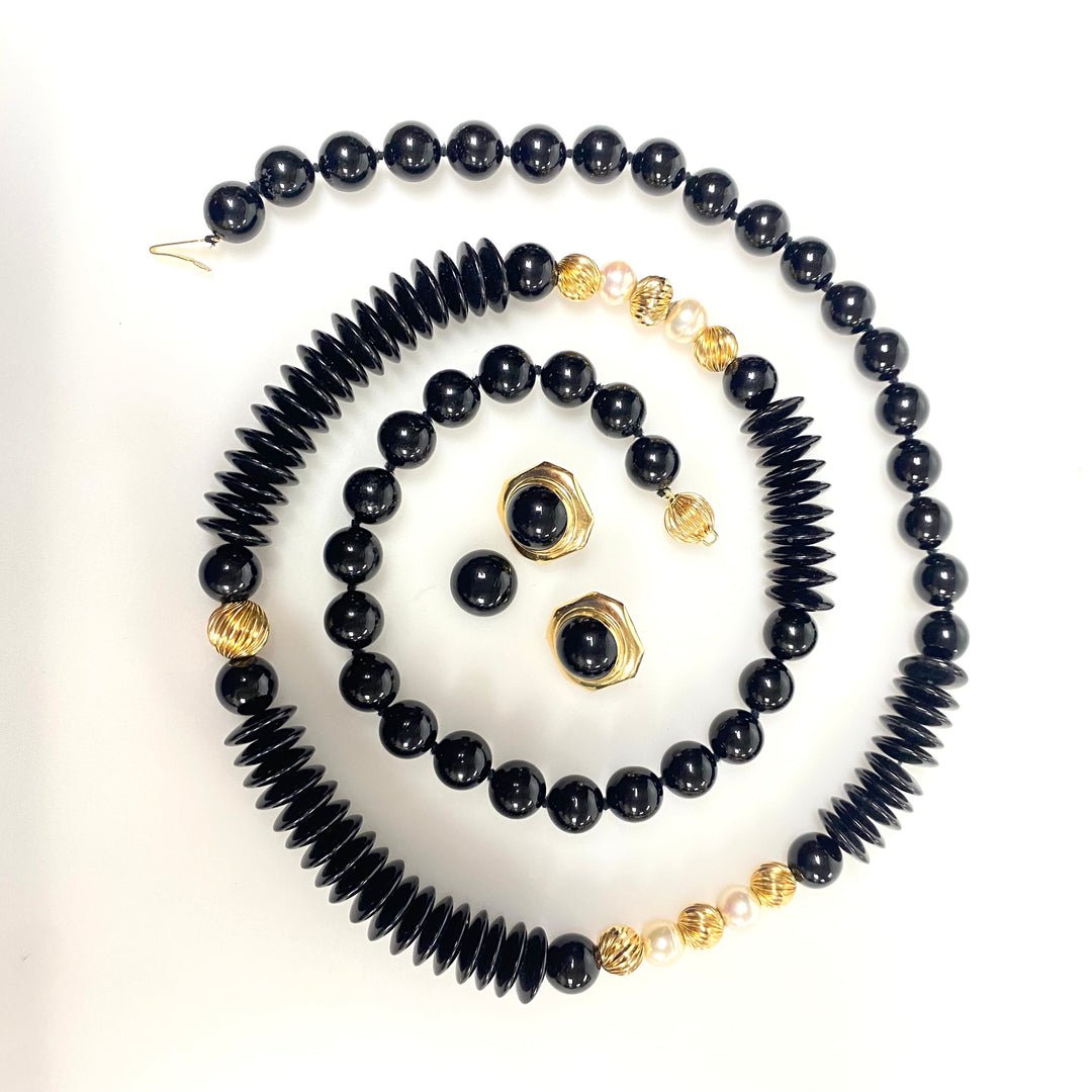 v968 Vintage Collection of Black Onyx and 14k Gold Beaded Necklace and Earrings