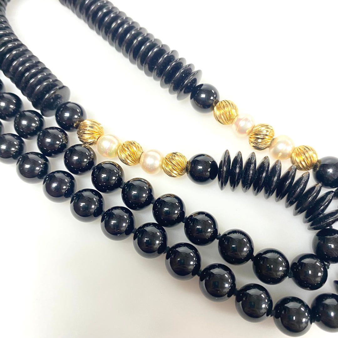 v968 Vintage Collection of Black Onyx and 14k Gold Beaded Necklace and Earrings