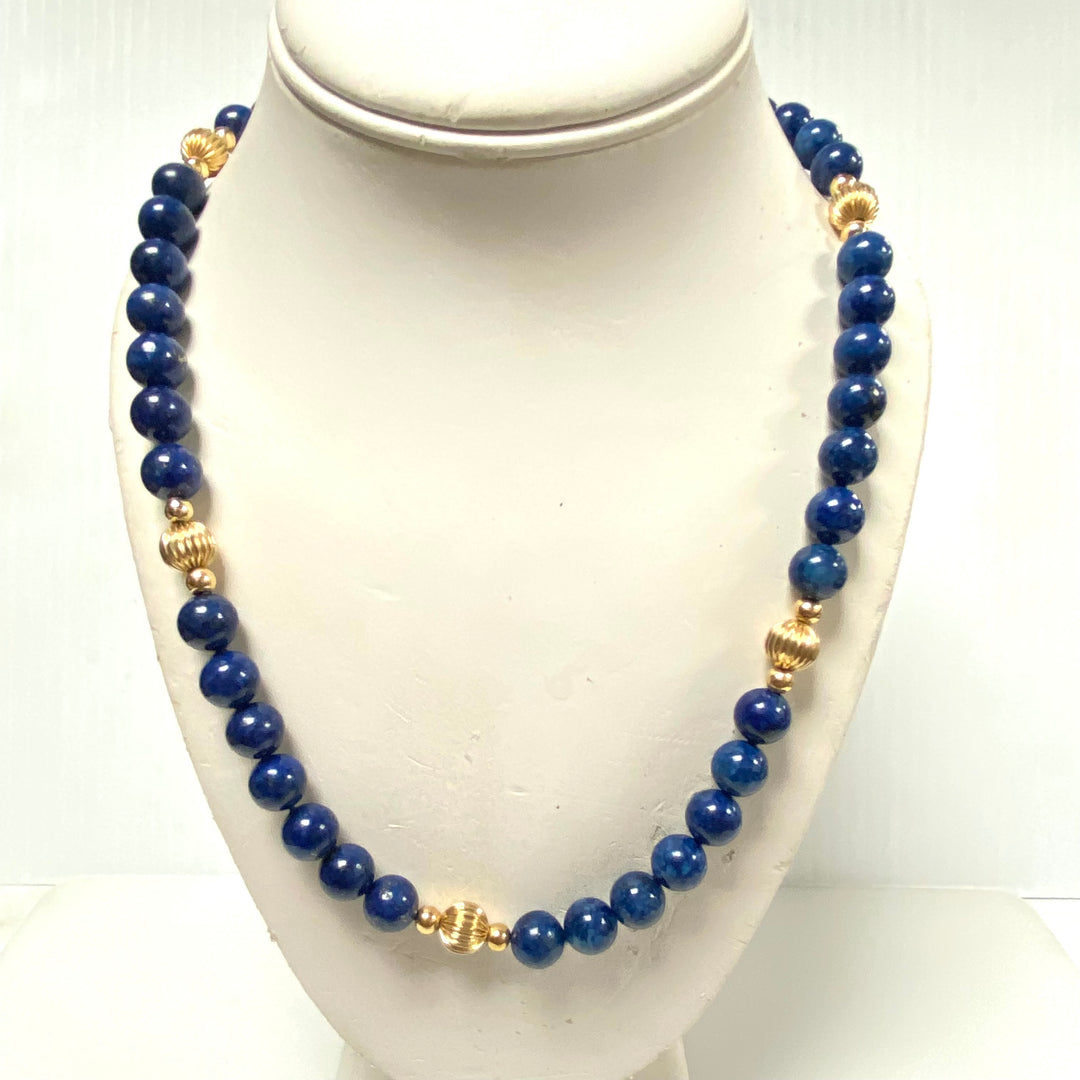 v969  Vintage Blue Lapis Lazuli Bead Necklace 28" Long and Earring Jewelry Set