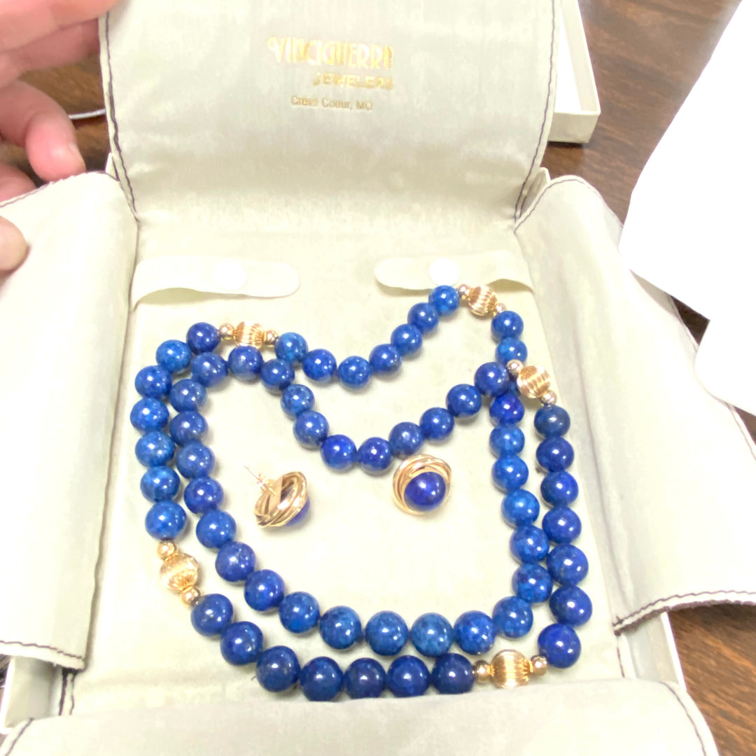 v969  Vintage Blue Lapis Lazuli Bead Necklace 28" Long and Earring Jewelry Set
