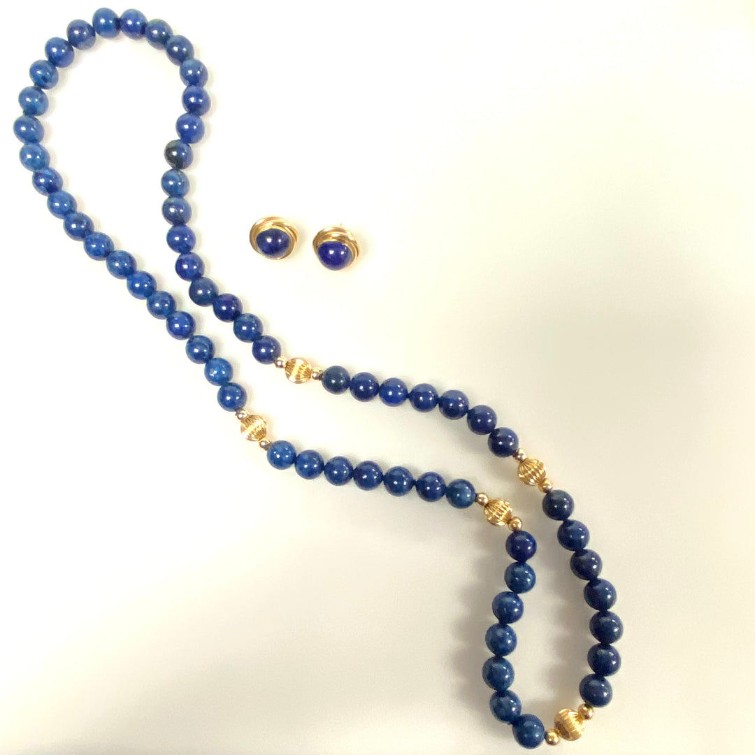 v969  Vintage Blue Lapis Lazuli Bead Necklace 28" Long and Earring Jewelry Set