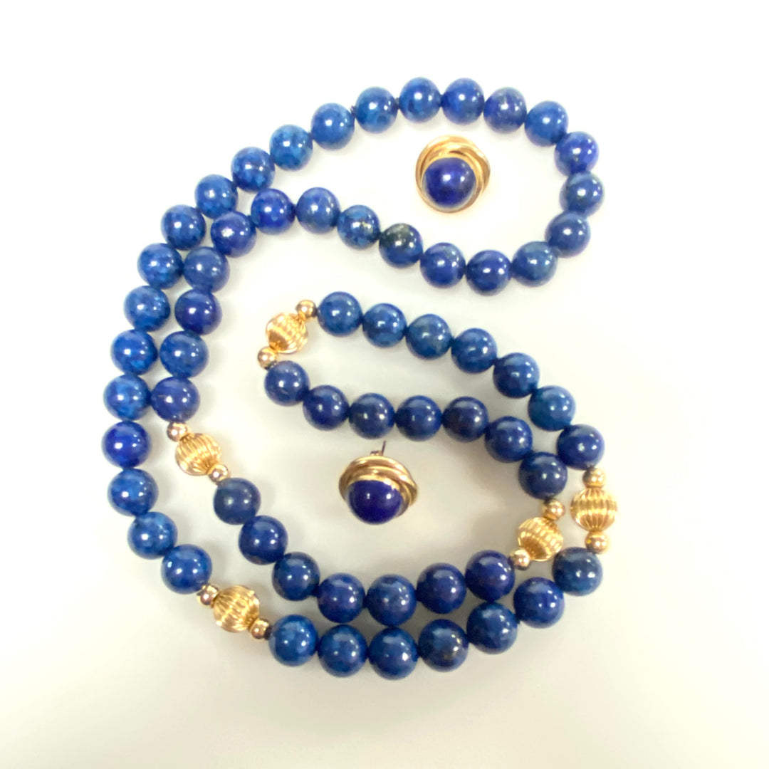 v969  Vintage Blue Lapis Lazuli Bead Necklace 28" Long and Earring Jewelry Set