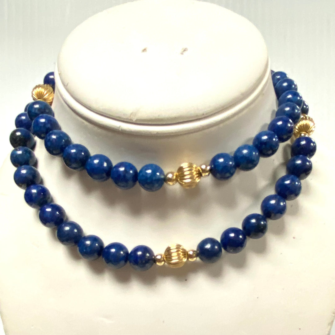 v969  Vintage Blue Lapis Lazuli Bead Necklace 28" Long and Earring Jewelry Set