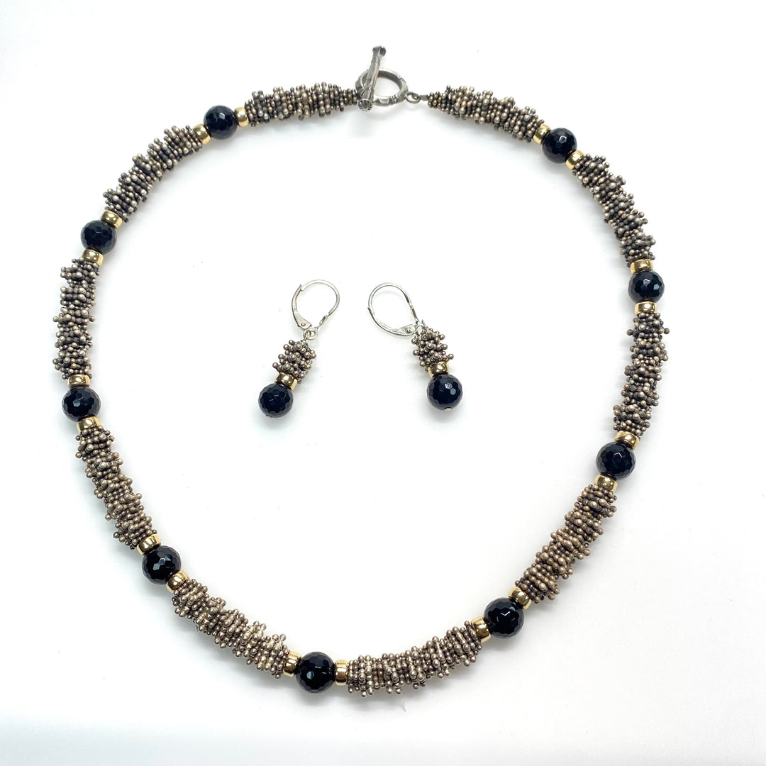 v981 Vintage Necklace Matching Drop Earrings Beaded Rope Silver & Gemstones Set