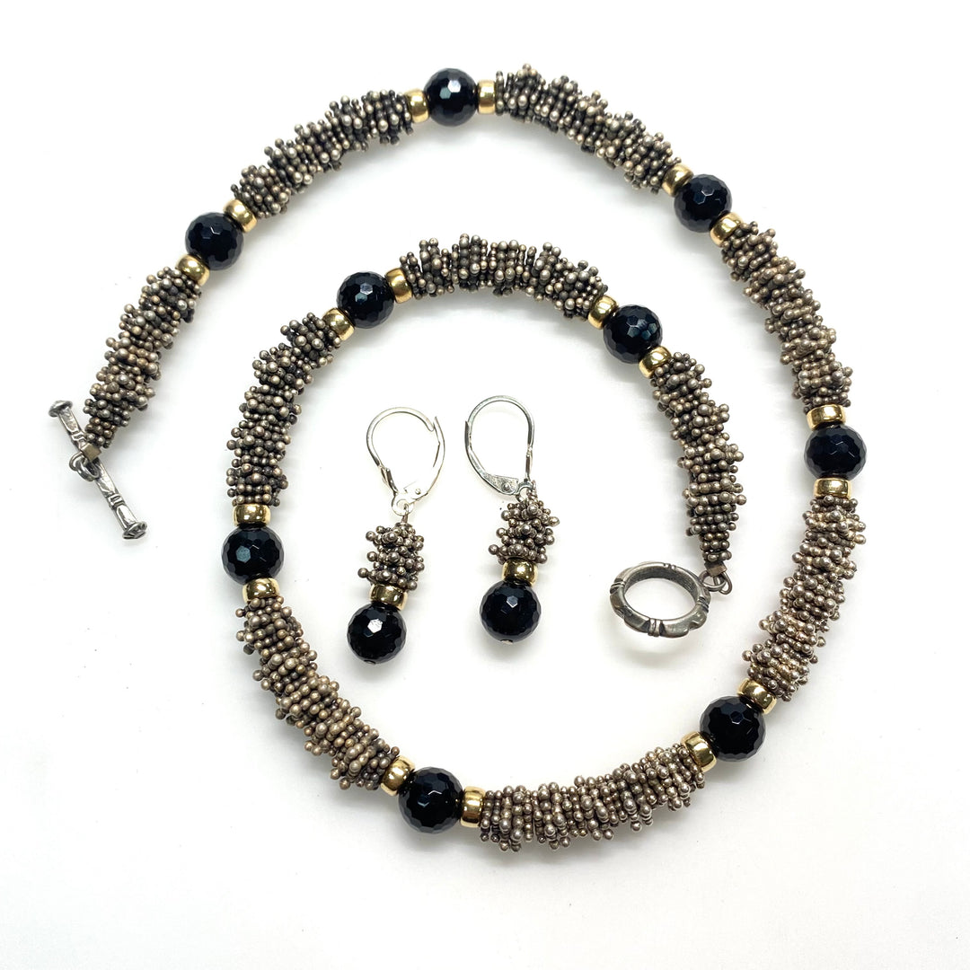 v981 Vintage Necklace Matching Drop Earrings Beaded Rope Silver & Gemstones Set