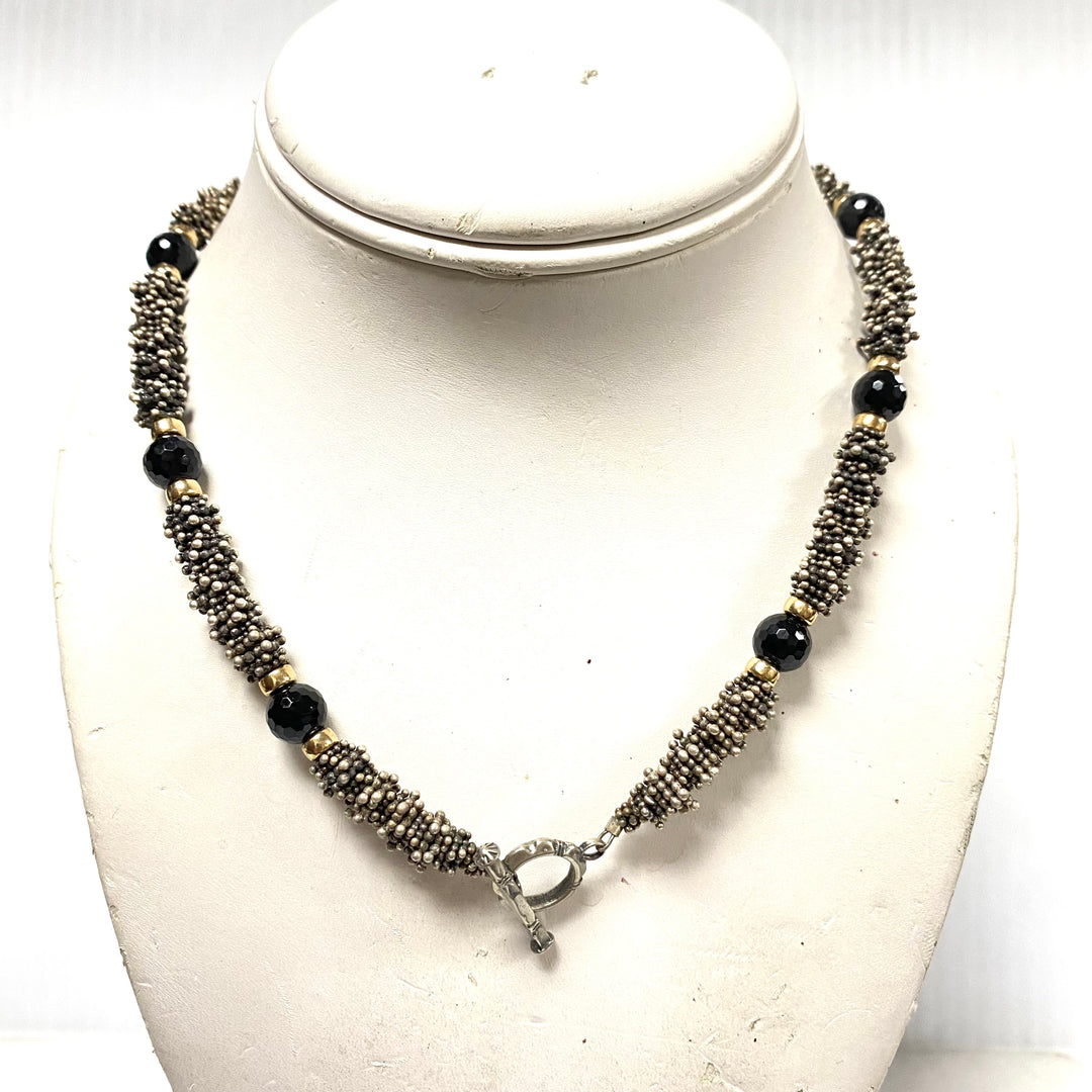 v981 Vintage Necklace Matching Drop Earrings Beaded Rope Silver & Gemstones Set