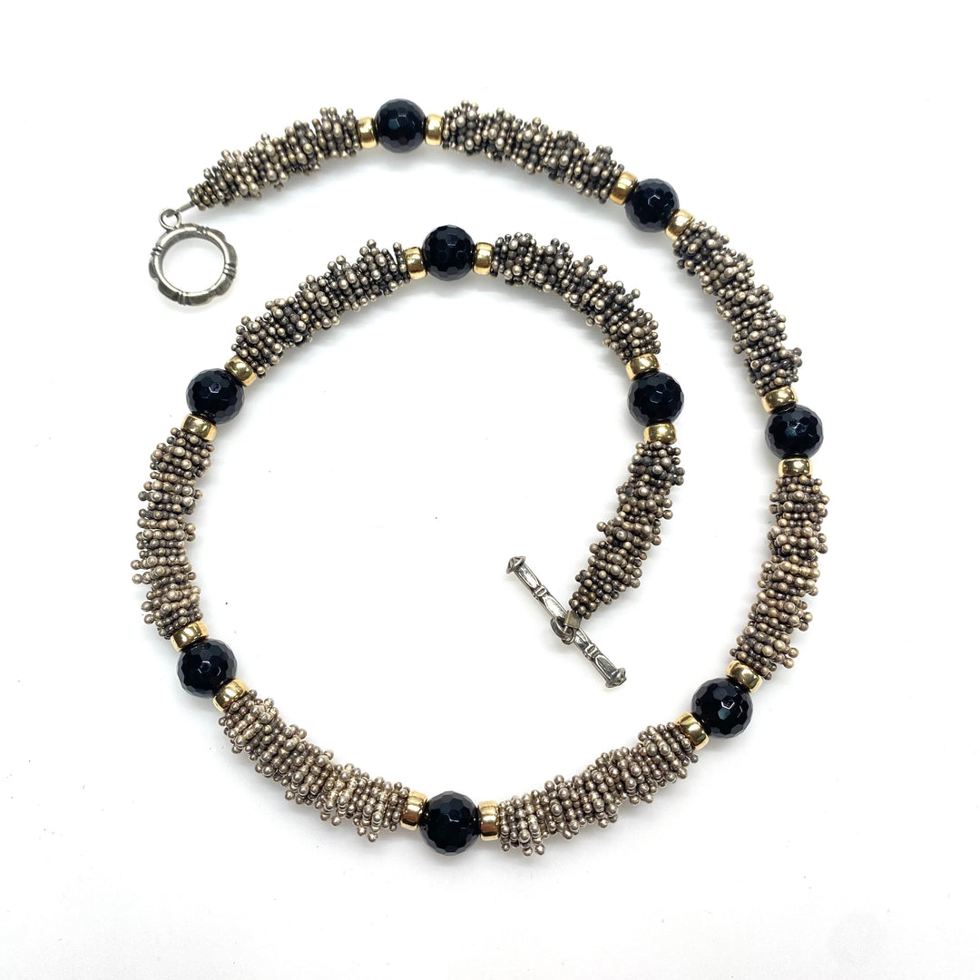 v981 Vintage Necklace Matching Drop Earrings Beaded Rope Silver & Gemstones Set