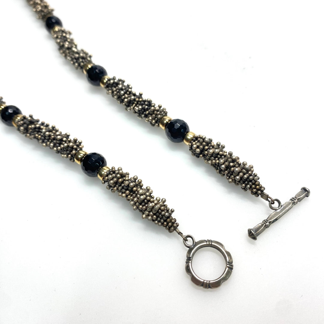 v981 Vintage Necklace Matching Drop Earrings Beaded Rope Silver & Gemstones Set