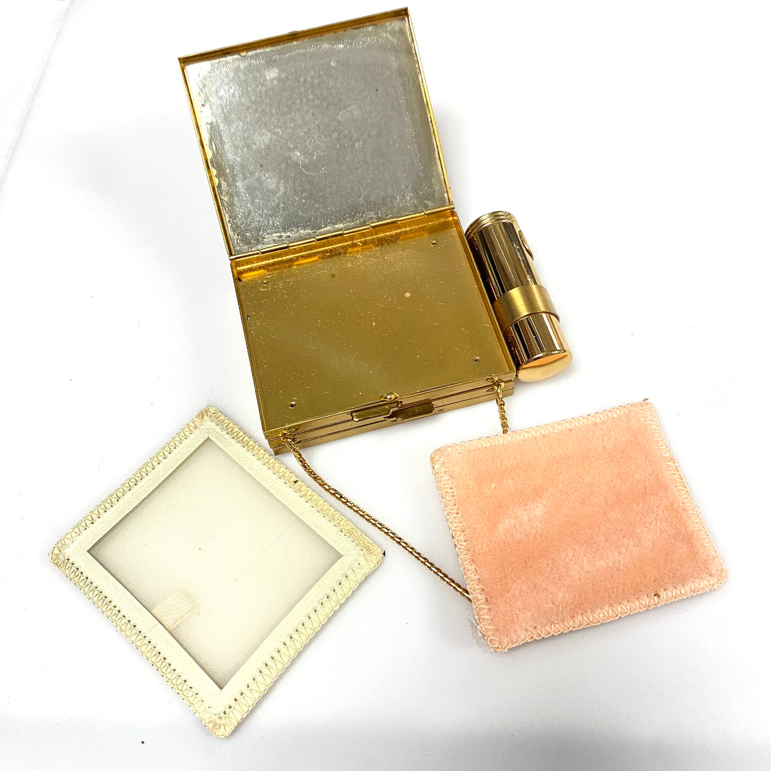 v993 Vintage Gold Tone Powder Compact Clutch 1950's Design Space Age Aesthetic