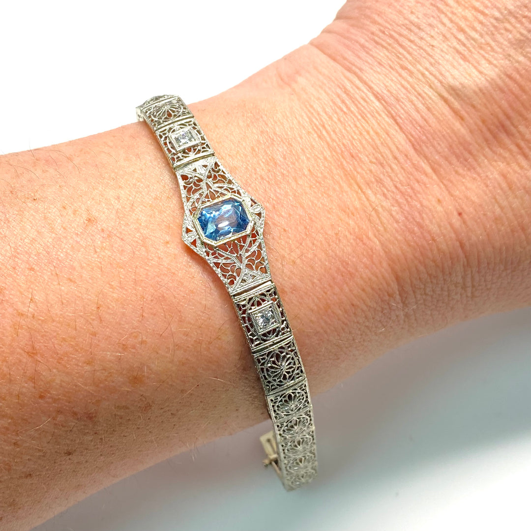 v994 Antique Art Deco Platinum 14K White Gold Blue Topaz Filigree Bracelet 7"