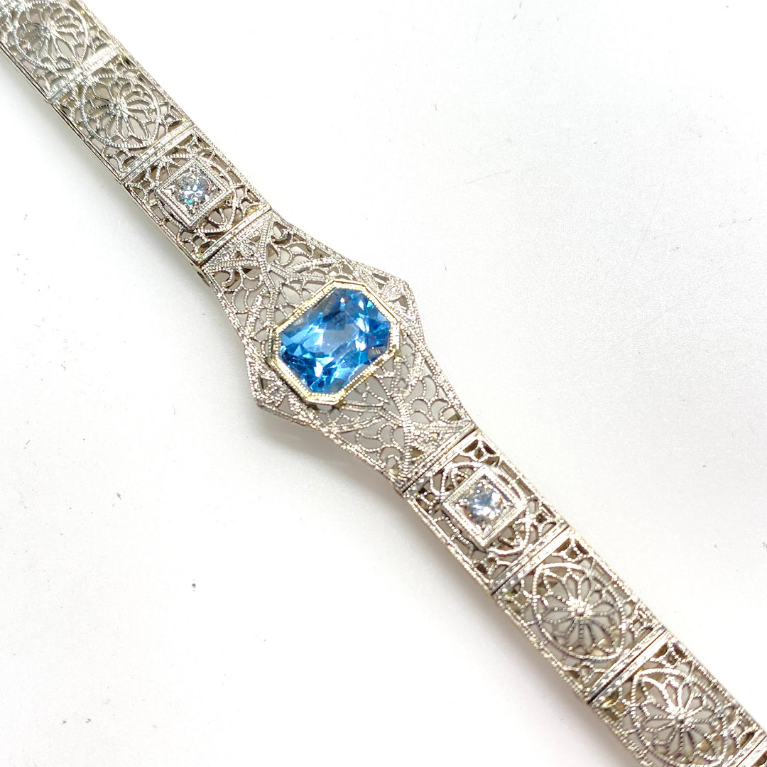 v994 Antique Art Deco Platinum 14K White Gold Blue Topaz Filigree Bracelet 7"