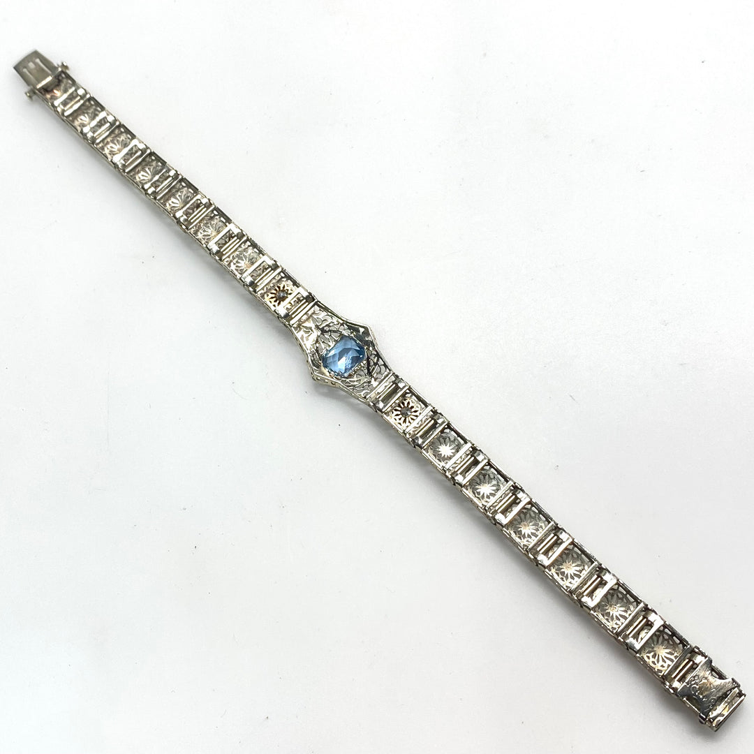 v994 Antique Art Deco Platinum 14K White Gold Blue Topaz Filigree Bracelet 7"