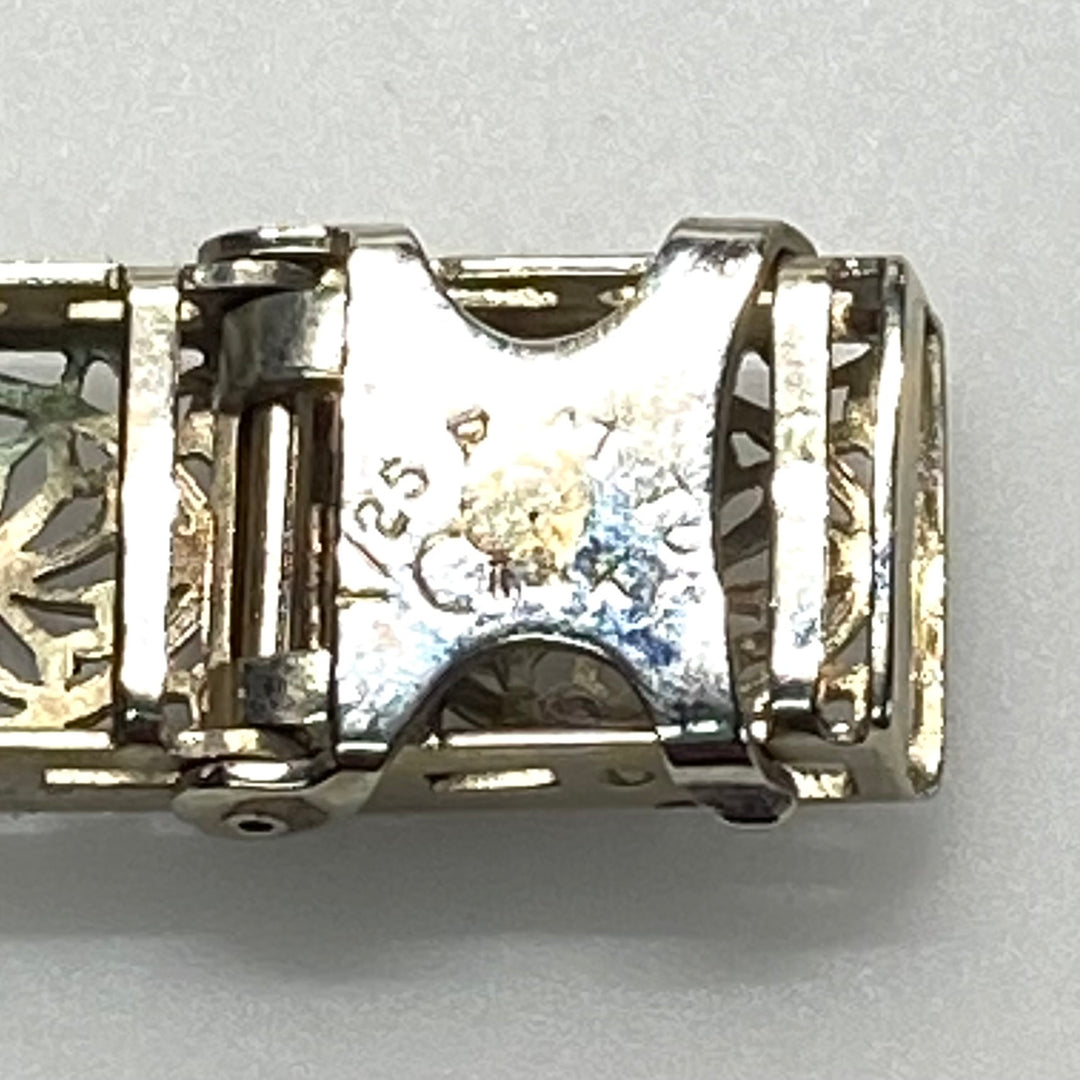 v994 Antique Art Deco Platinum 14K White Gold Blue Topaz Filigree Bracelet 7"