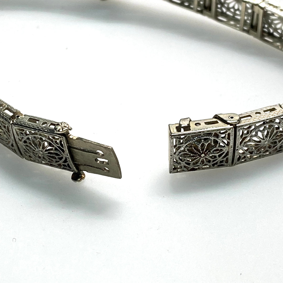 v994 Antique Art Deco Platinum 14K White Gold Blue Topaz Filigree Bracelet 7"