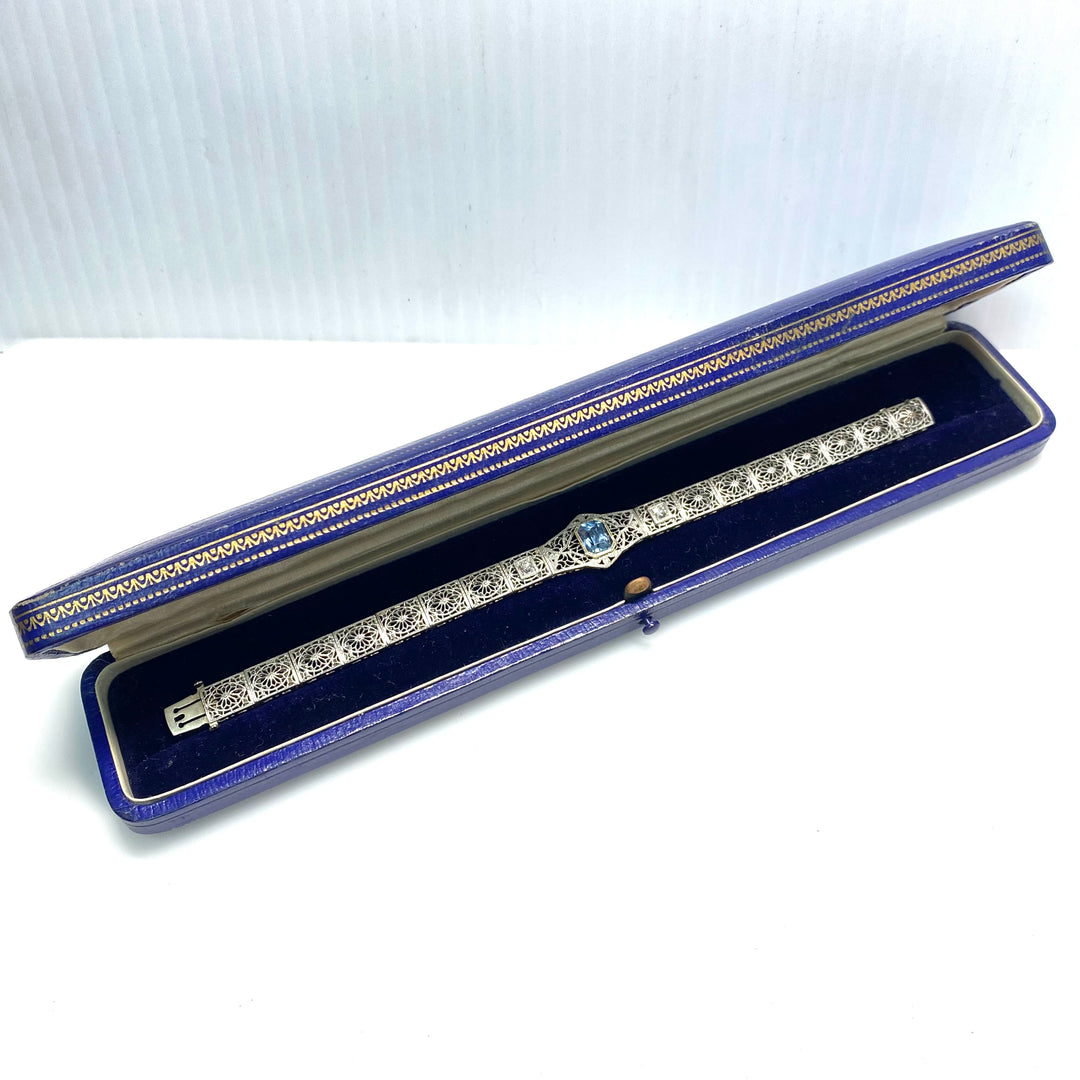 v994 Antique Art Deco Platinum 14K White Gold Blue Topaz Filigree Bracelet 7"