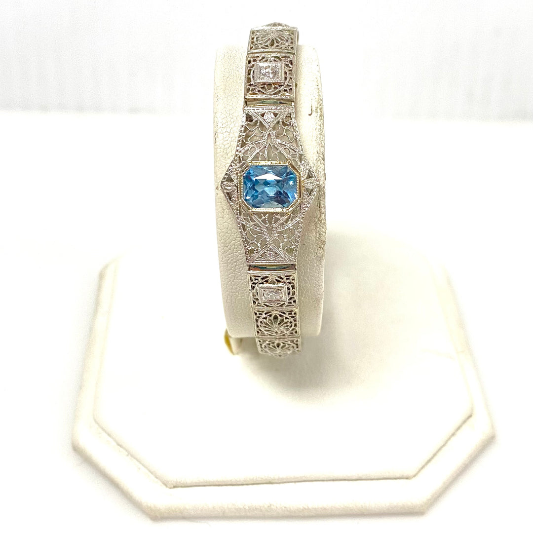 v994 Antique Art Deco Platinum 14K White Gold Blue Topaz Filigree Bracelet 7"