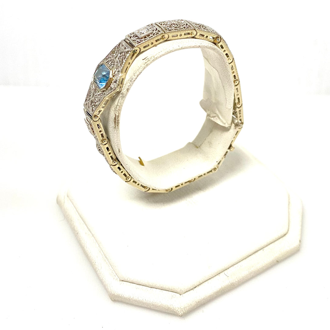 v994 Antique Art Deco Platinum 14K White Gold Blue Topaz Filigree Bracelet 7"