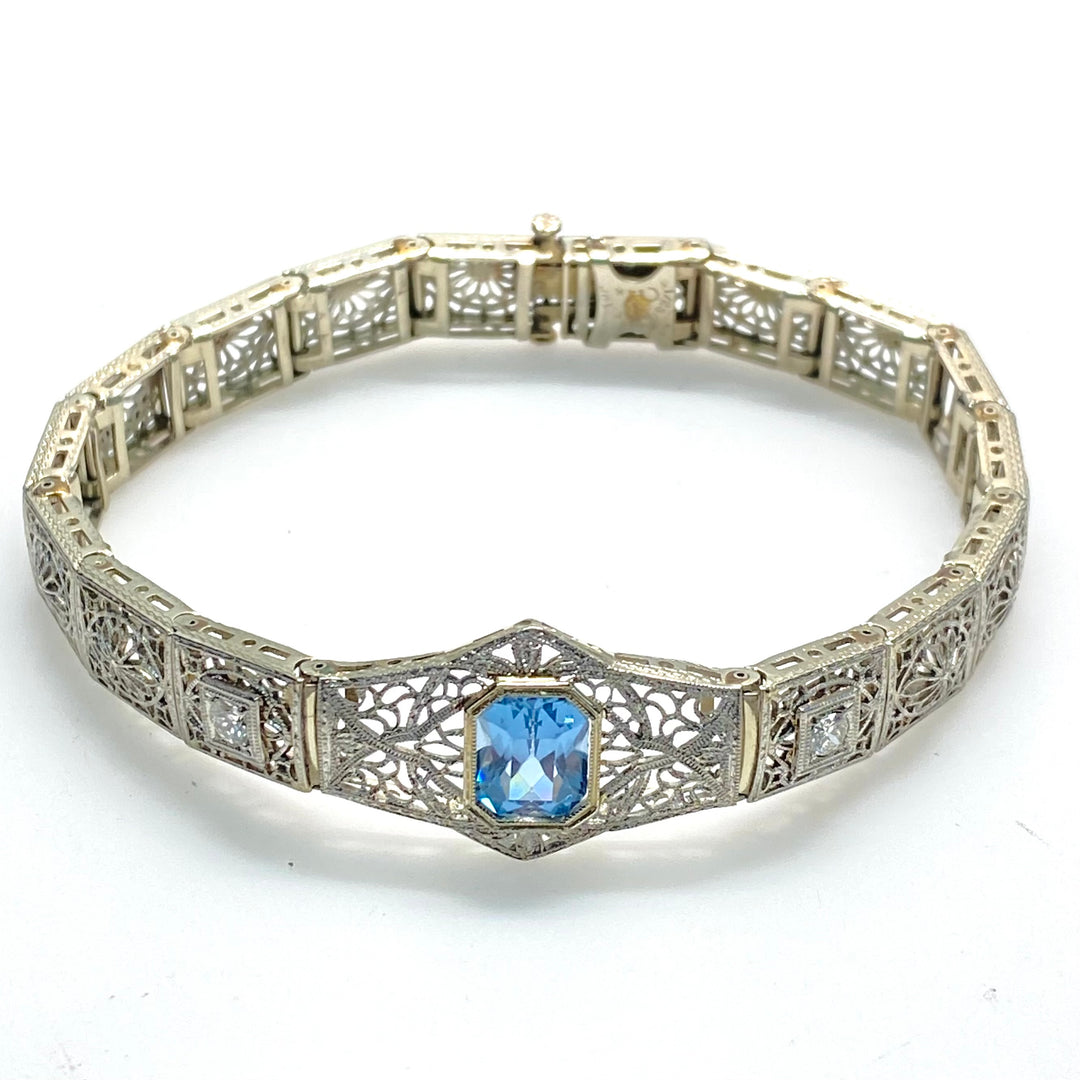 v994 Antique Art Deco Platinum 14K White Gold Blue Topaz Filigree Bracelet 7"