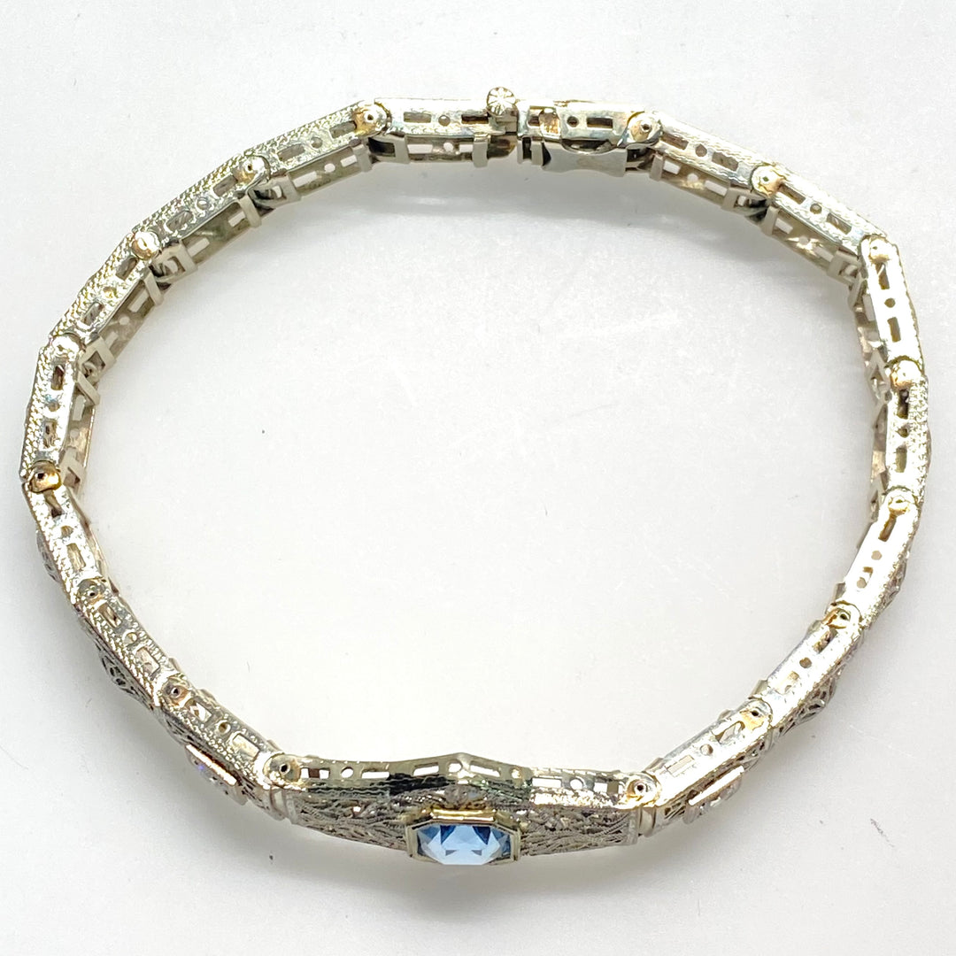 v994 Antique Art Deco Platinum 14K White Gold Blue Topaz Filigree Bracelet 7"
