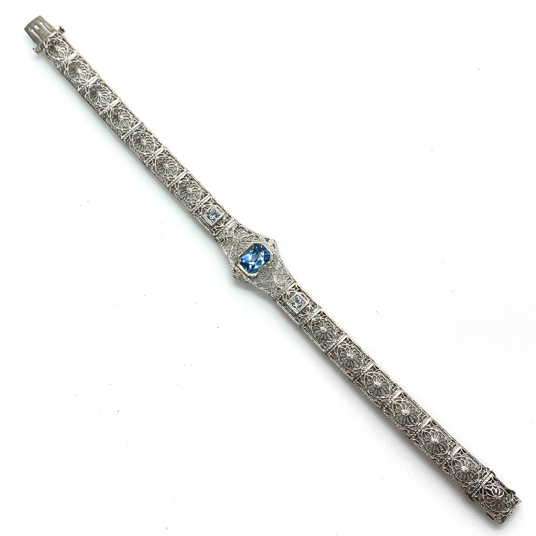 v994 Antique Art Deco Platinum 14K White Gold Blue Topaz Filigree Bracelet 7"