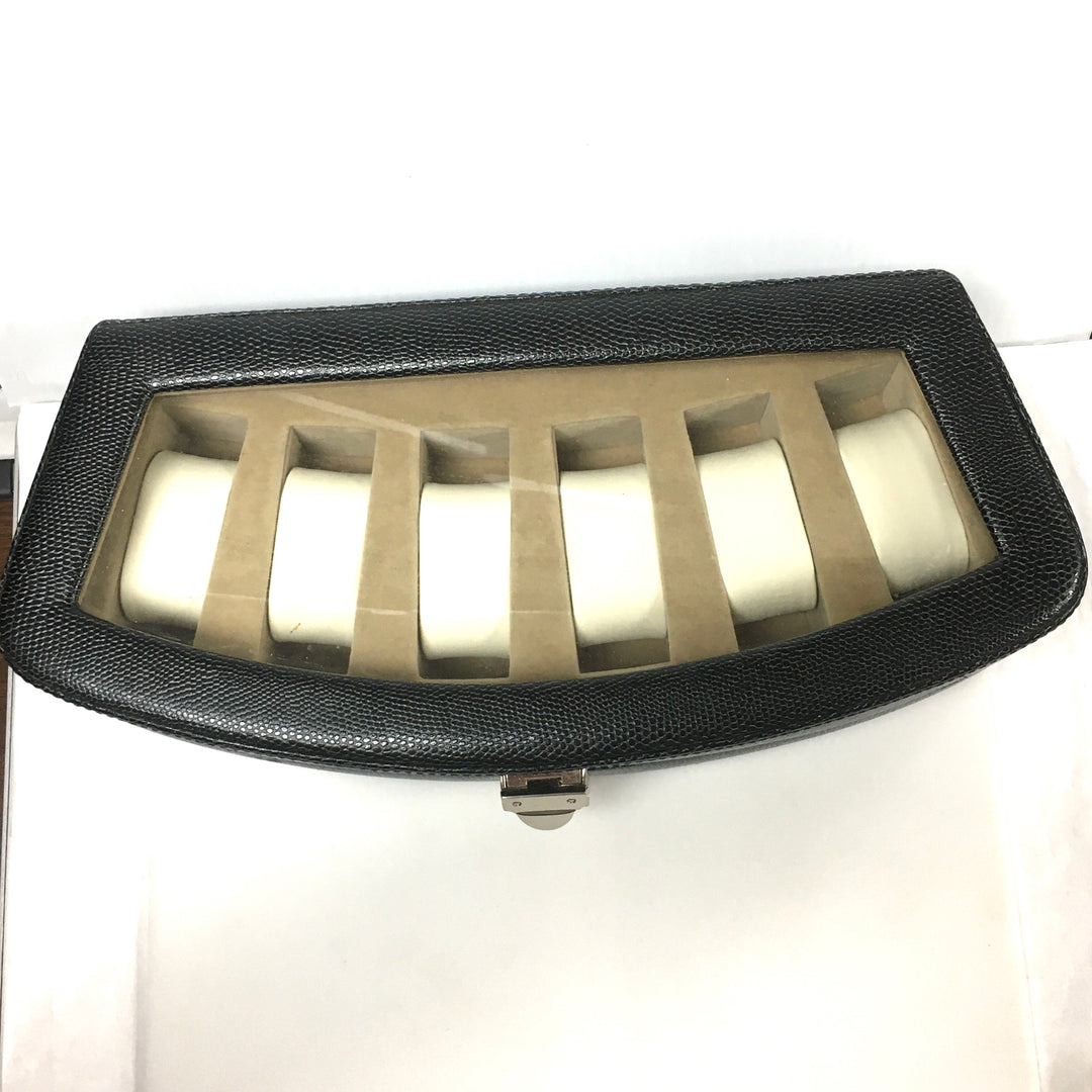 v996 Black Leather 6 Watch Display Storage Case with Clear Top and Locking Clasp