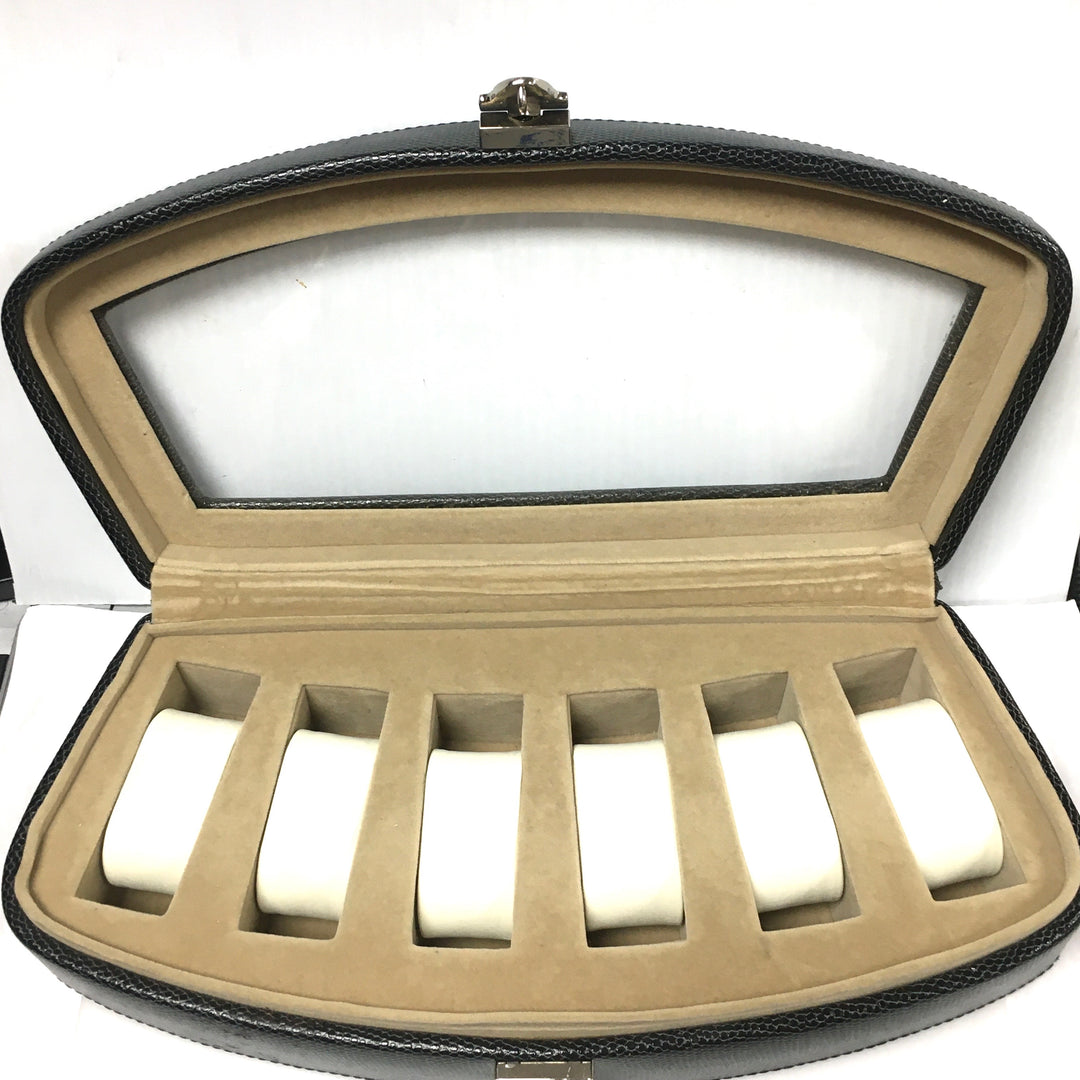 v996 Black Leather 6 Watch Display Storage Case with Clear Top and Locking Clasp