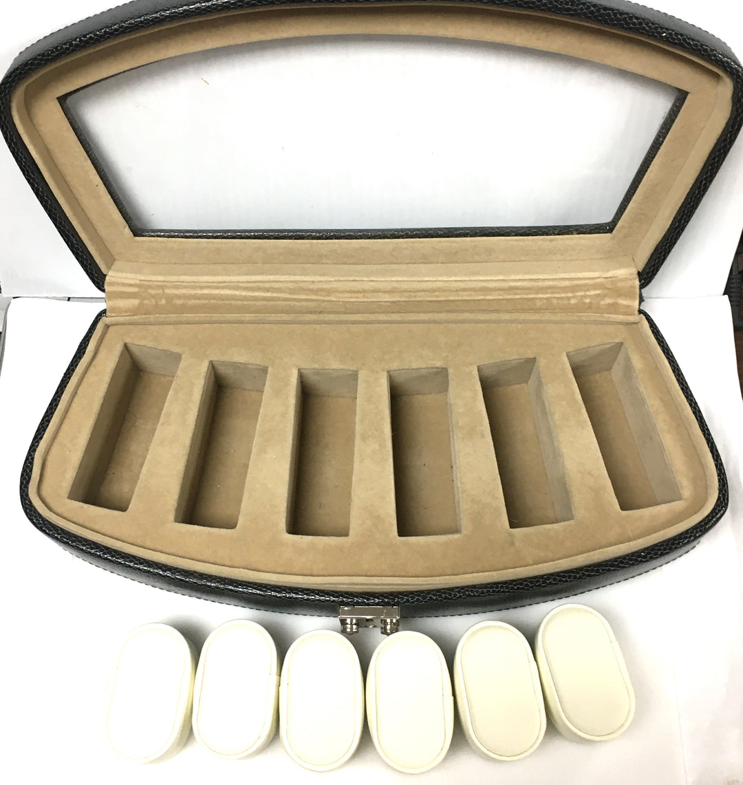 v996 Black Leather 6 Watch Display Storage Case with Clear Top and Locking Clasp