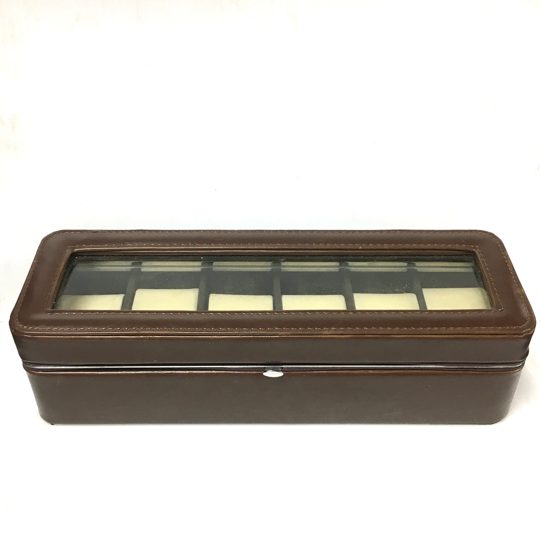 v998 Berkshire Brown Leather 6pc Watch Display Storage Case Organizer Box Clear Top