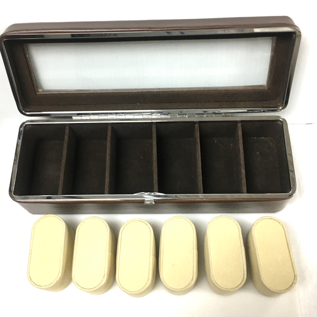 v998 Berkshire Brown Leather 6pc Watch Display Storage Case Organizer Box Clear Top