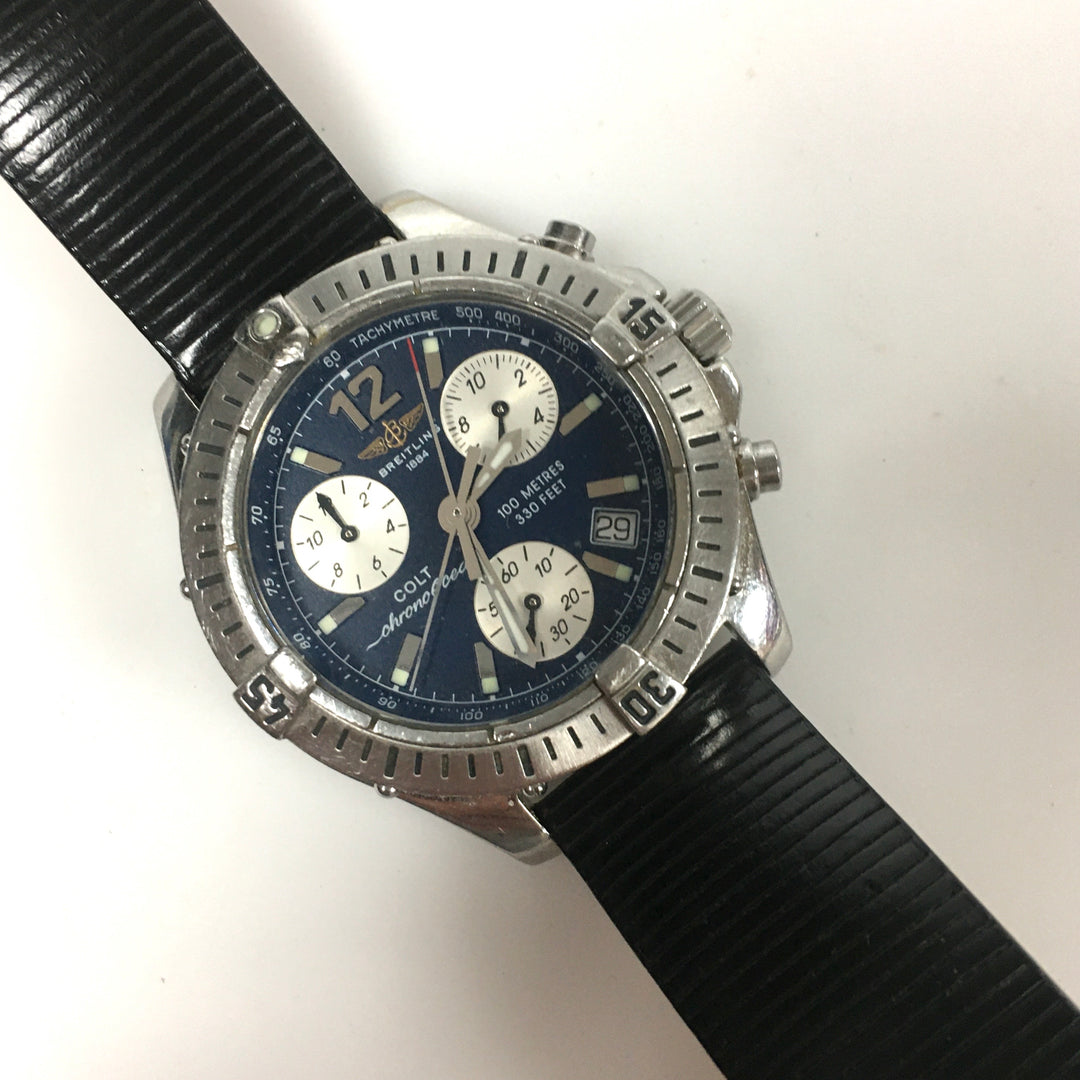 v999 Vintage Breitling Colt Chrono Ocean Quartz Wrist Watch Blue Dial A53350