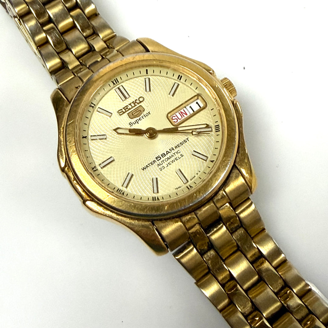w021 Vintage Seiko 5 Superior Automatic Gold Tone 23 Jewels Men's Wrist Watch