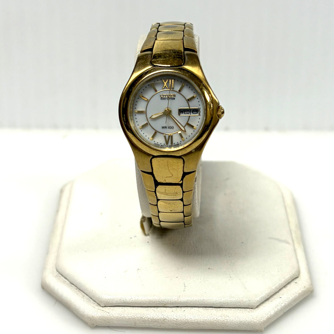 w022 Vintage Citizen Japan Eco-Drive Mov't WR 100 Gold-tone Women's Wrist Watch