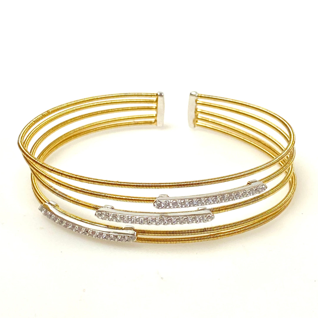 w024 Sterling Silver 10K Gold Filled Cubic Zirconia 5-cable Bar Cuff Bracelet Bella Cavo