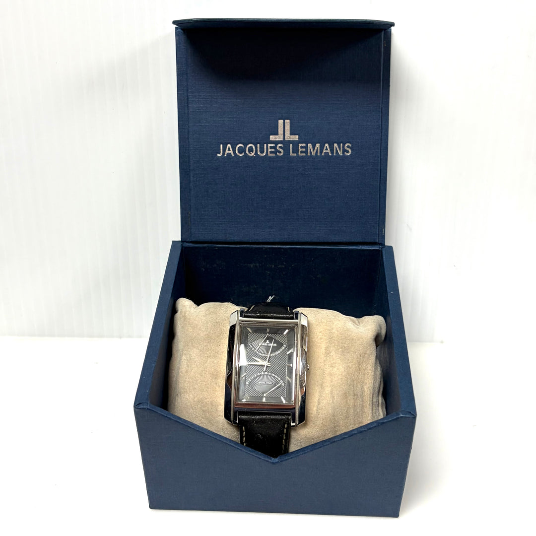 w049 Jacques Lemans Dual Time Stainless Tank-style Men' Wrist Watch Model 1-1243