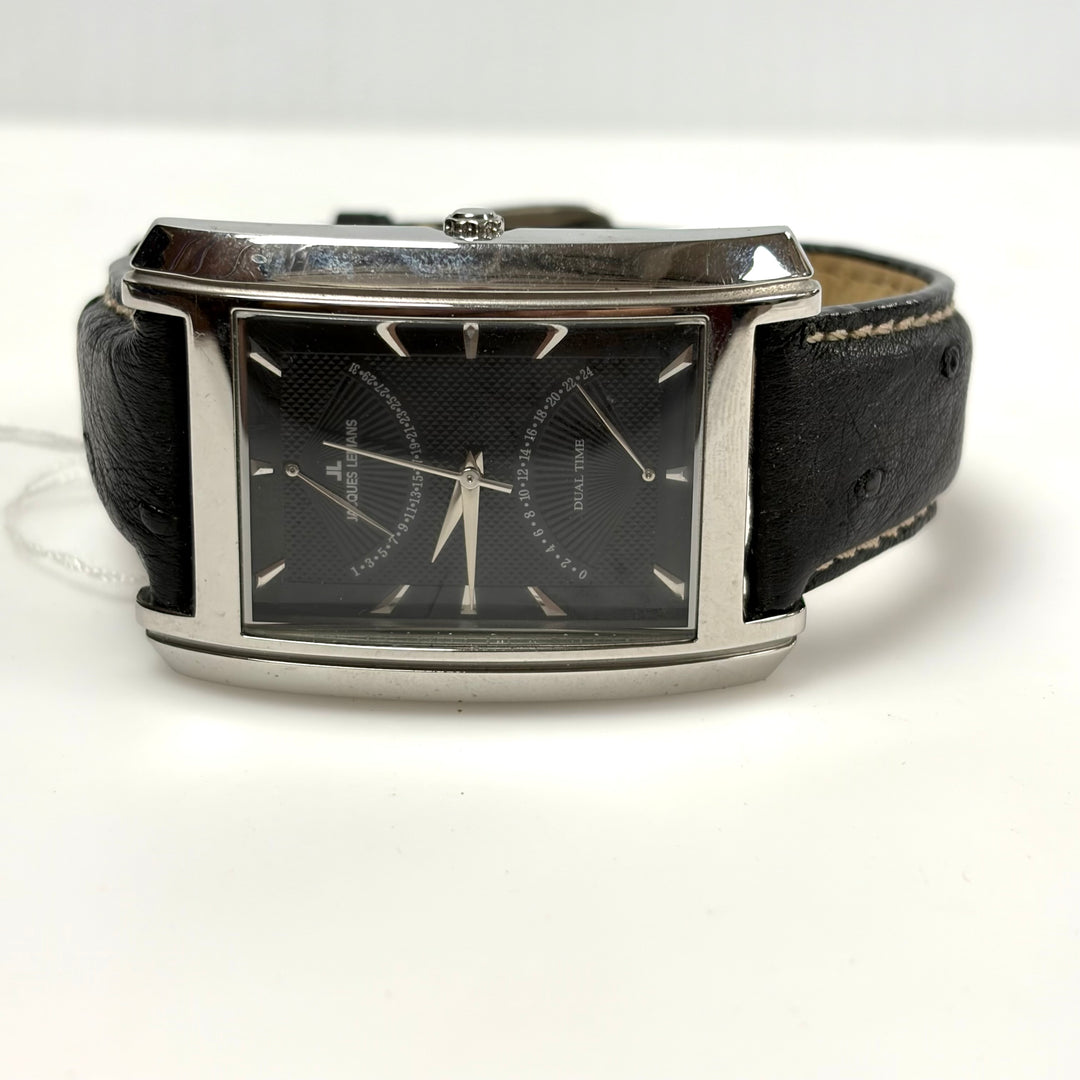 w049 Jacques Lemans Dual Time Stainless Tank-style Men' Wrist Watch Model 1-1243