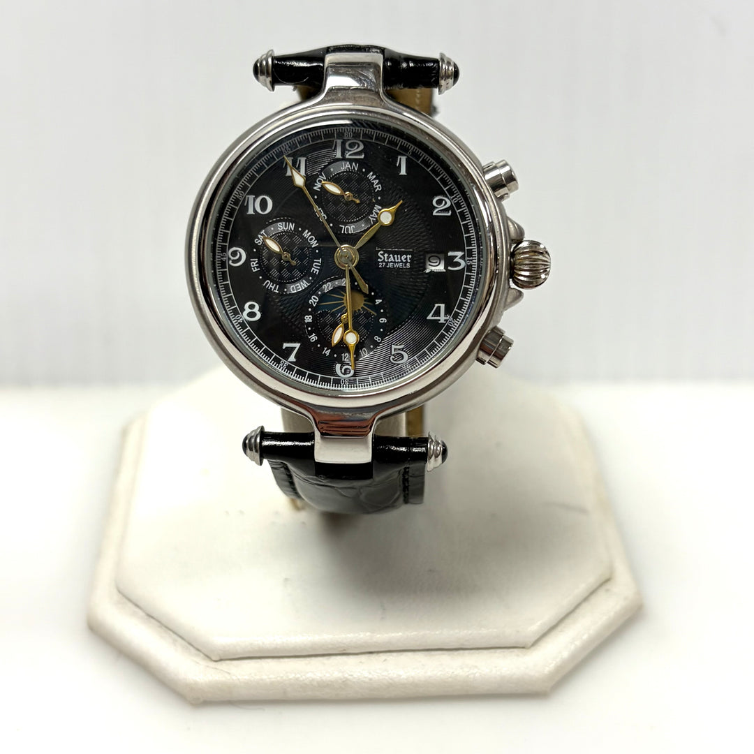 w052 Stauer Noire Automatic Men' Wrist Watch Vintage-style Black Dial Stainless