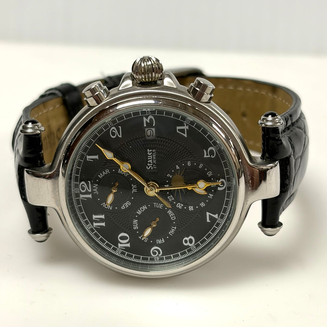 w052 Stauer Noire Automatic Men' Wrist Watch Vintage-style Black Dial Stainless