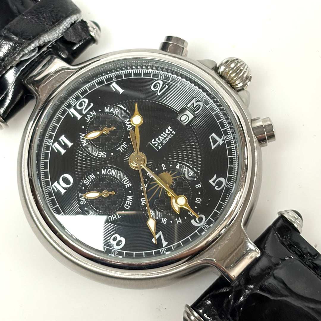 w052 Stauer Noire Automatic Men' Wrist Watch Vintage-style Black Dial Stainless