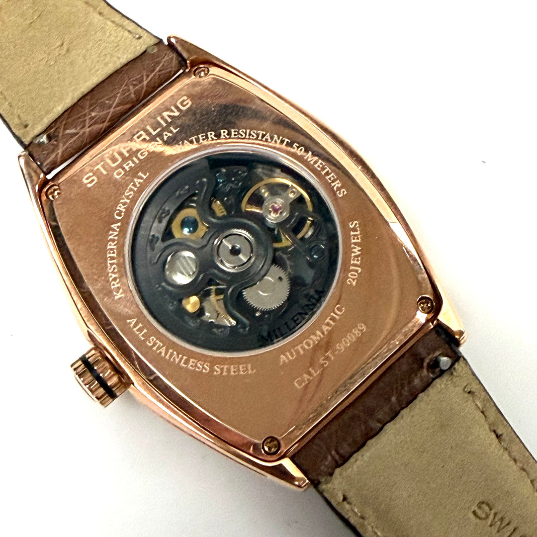 w056 Stührling Original Millennia Skeleton Automatic Wrist Watch Tonneau Case