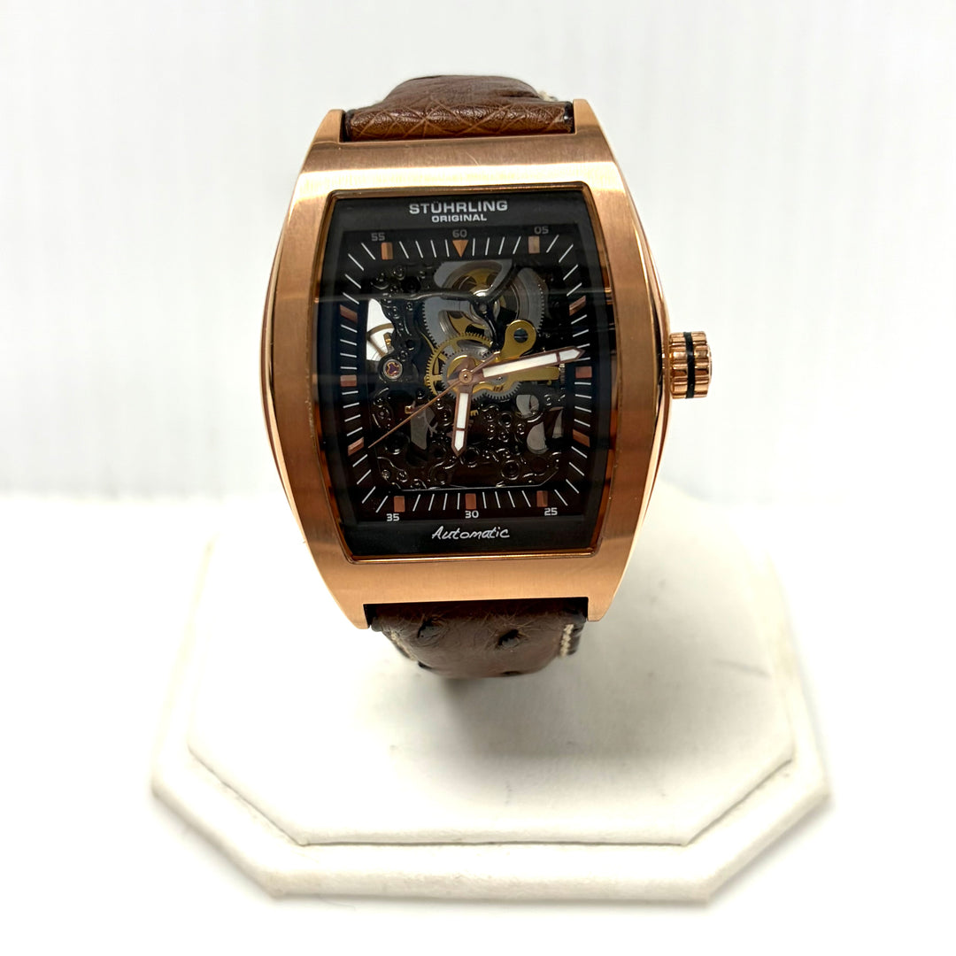 w056 Stührling Original Millennia Skeleton Automatic Wrist Watch Tonneau Case