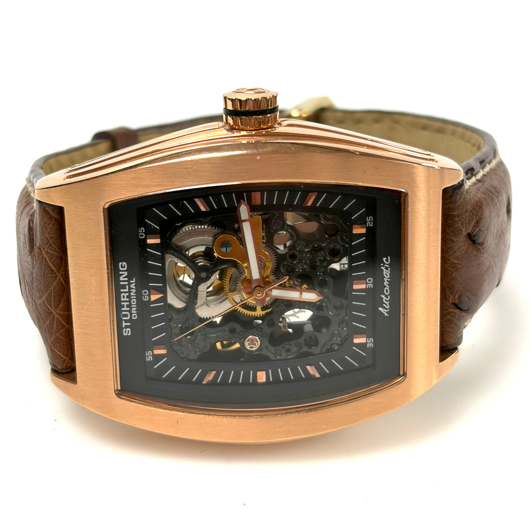 w056 Stührling Original Millennia Skeleton Automatic Wrist Watch Tonneau Case