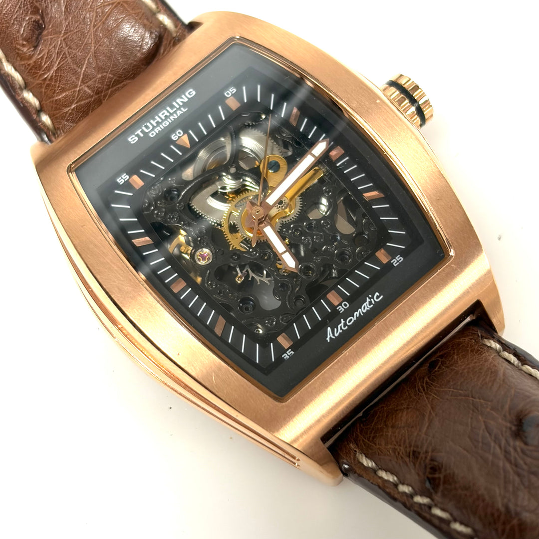 w056 Stührling Original Millennia Skeleton Automatic Wrist Watch Tonneau Case