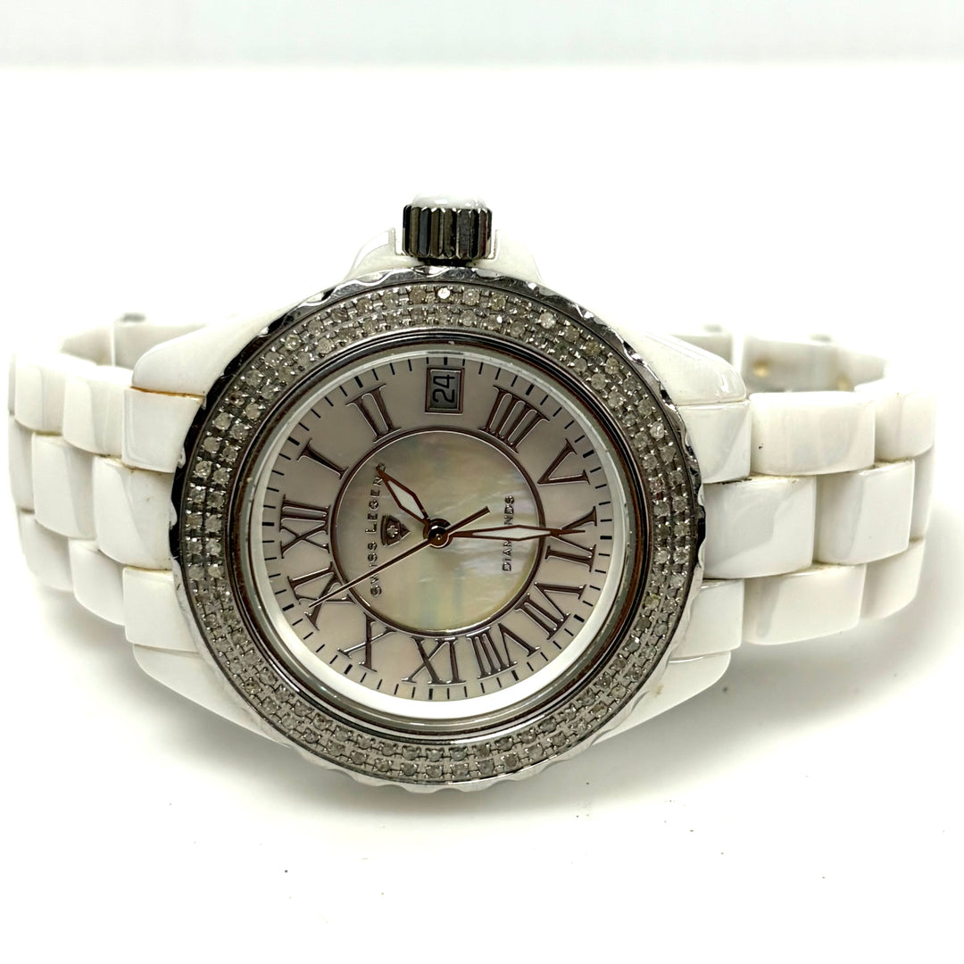 w062 Swiss Legend Karamica Diamonds White Ceramic Diamond Encrusted Wrist Watch
