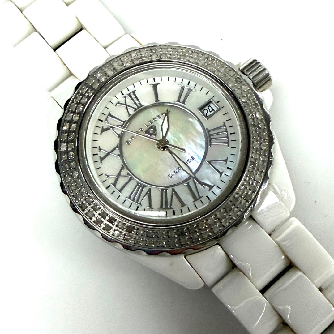w062 Swiss Legend Karamica Diamonds White Ceramic Diamond Encrusted Wrist Watch