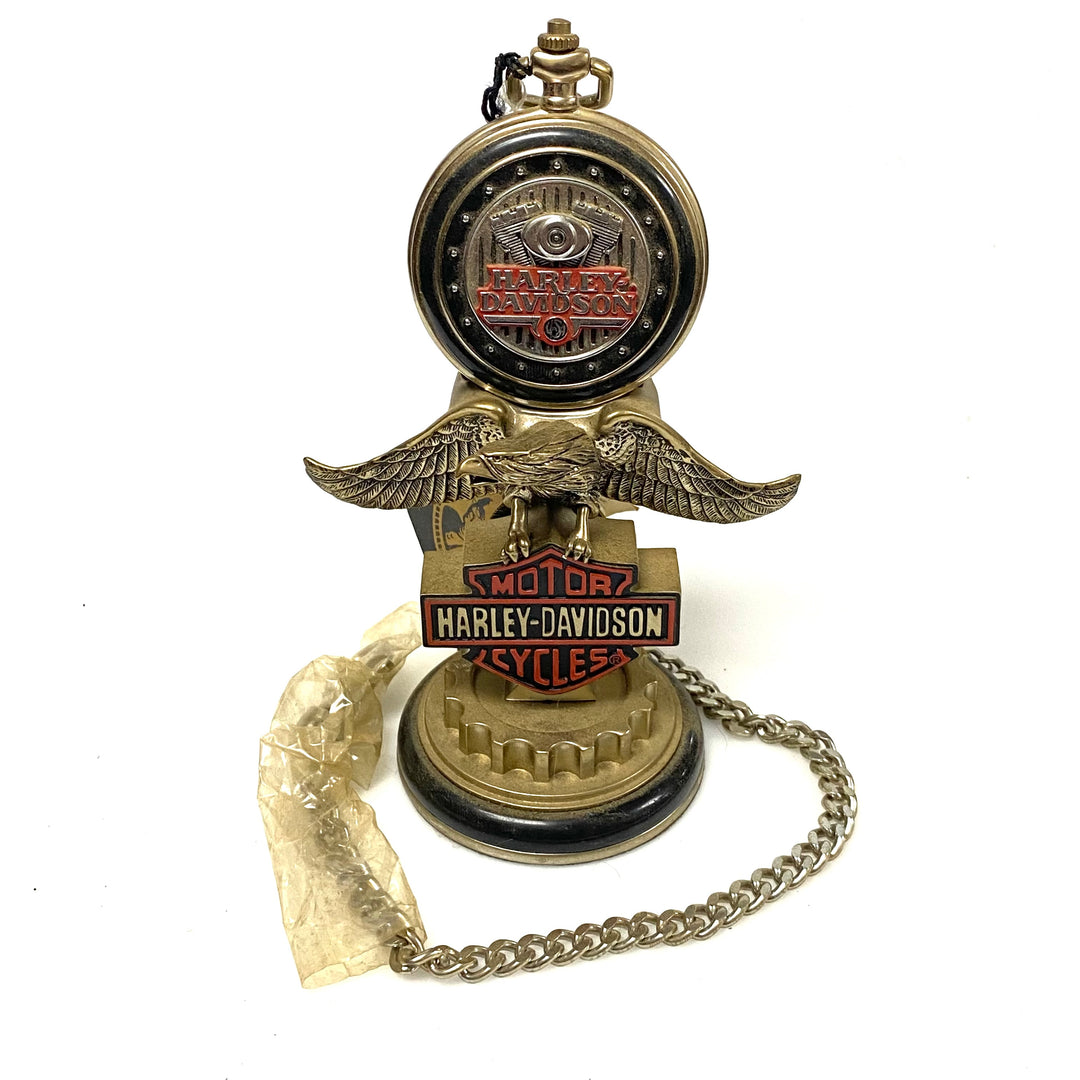 w074 vintage Franklin Mint Harley-Davidson Low Rider Pocket Watch & Eagle Stand